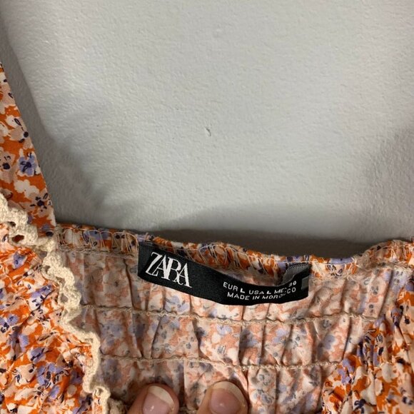 Zara Womens Floral Smocked Mini Dress Orange L Large 100% Cotton Summer Dress - Picture 8 of 10